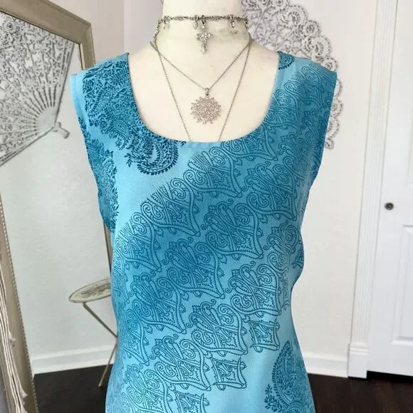 Norton McNaughton Y2K Teal Blue Paisley Maxi Dress 90s Bias Cut Slip Style L - Picture 2 of 5